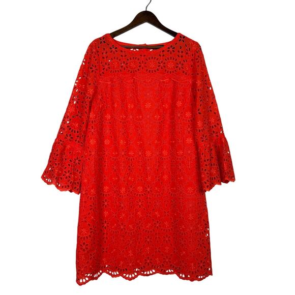 J. Crew Embroidered Eyelet Long Bell Sleeves Sheath Mini Dress Lined 16 Red - Picture 13 of 15